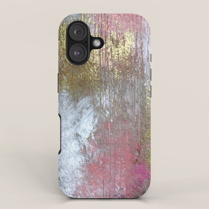 Golden Girl: a pretty abstract mixed media piece in pink, white, gold, and gray iPhone Case Gallery Image 1
