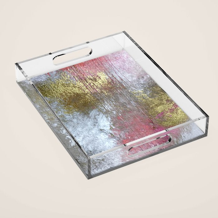 Golden Girl: a pretty abstract mixed media piece in pink, white, gold, and gray Acrylic Tray Gallery Image 1