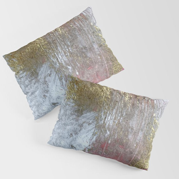 Golden Girl: a pretty abstract mixed media piece in pink, white, gold, and gray Pillow Sham Gallery Image 1