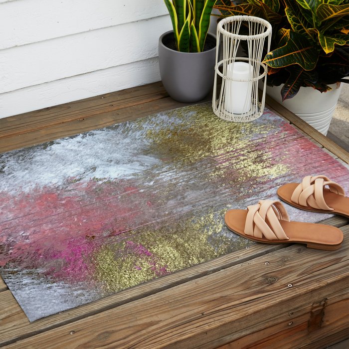 Golden Girl: a pretty abstract mixed media piece in pink, white, gold, and gray Outdoor Rug Gallery Image 2