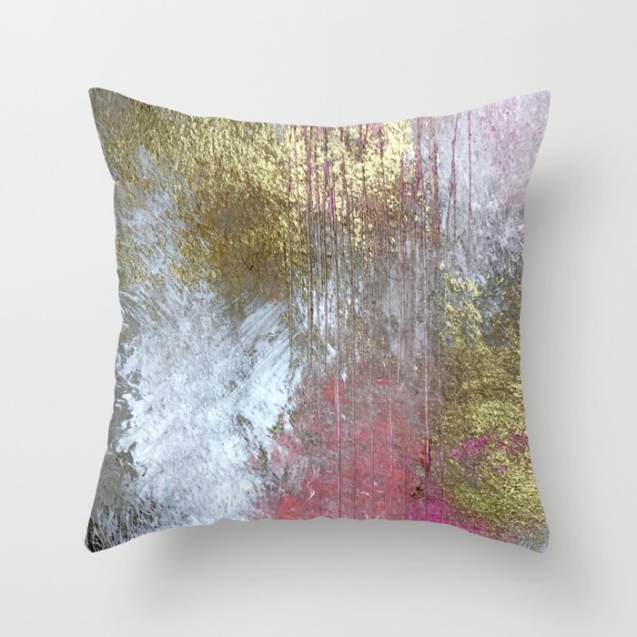 Golden Girl: a pretty abstract mixed media piece in pink, white, gold, and gray Throw Pillow Gallery Image 6