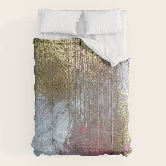 Golden Girl: a pretty abstract mixed media piece in pink, white, gold, and gray Comforter Gallery Image 1