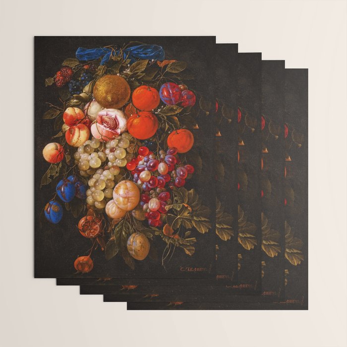 A festoon of fruit hanging from a blue ribbon 1670 still life portrait painting by Cornelis de Heem Wrapping Paper Gallery Image 3