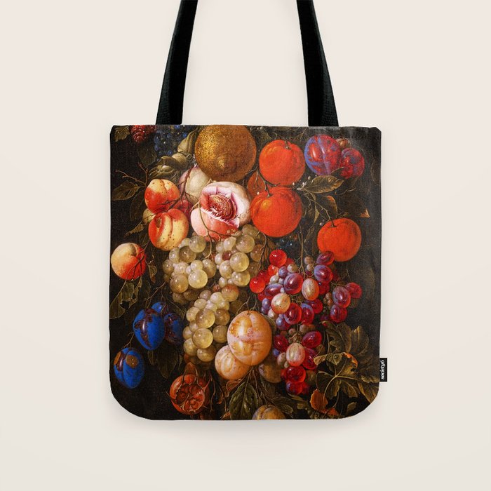 A festoon of fruit hanging from a blue ribbon 1670 still life portrait painting by Cornelis de Heem Tote Bag Gallery Image 1