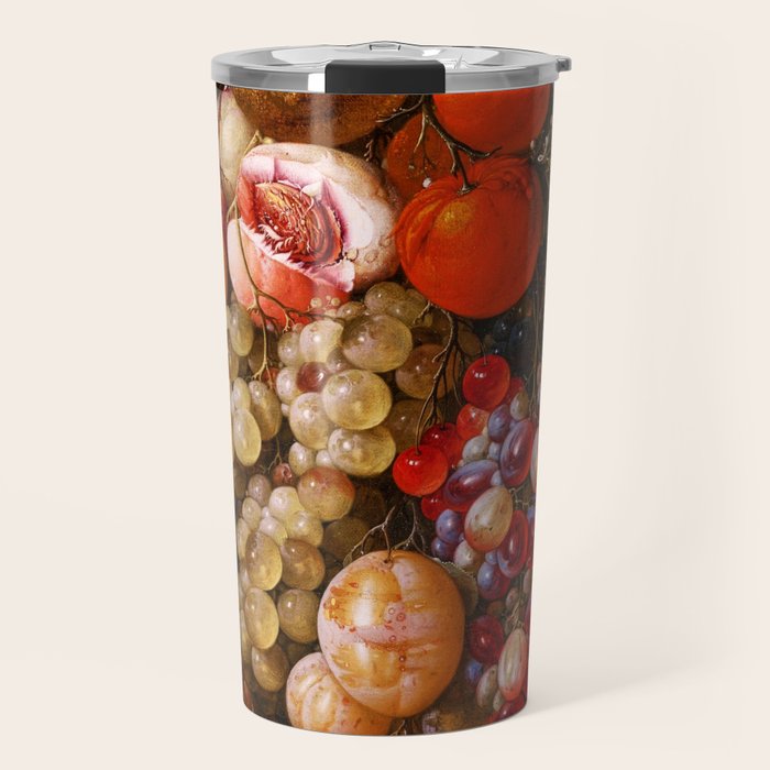 A festoon of fruit hanging from a blue ribbon 1670 still life portrait painting by Cornelis de Heem Travel Mug Gallery Image 1