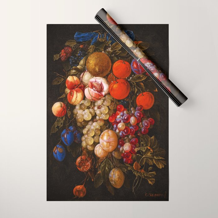 A festoon of fruit hanging from a blue ribbon 1670 still life portrait painting by Cornelis de Heem Wrapping Paper Gallery Image 1
