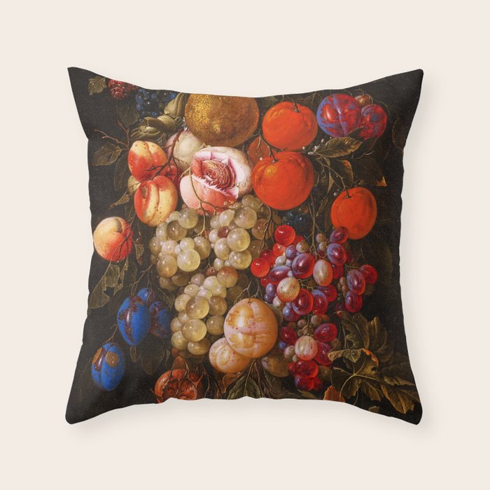 A festoon of fruit hanging from a blue ribbon 1670 still life portrait painting by Cornelis de Heem Throw Pillow Gallery Image 6