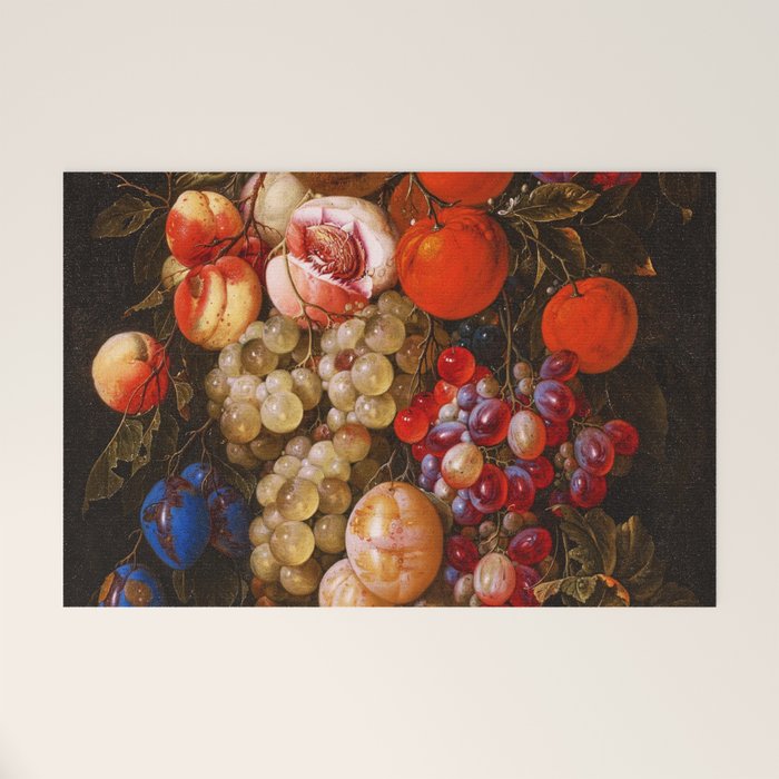 A festoon of fruit hanging from a blue ribbon 1670 still life portrait painting by Cornelis de Heem Welcome Mat Gallery Image 1