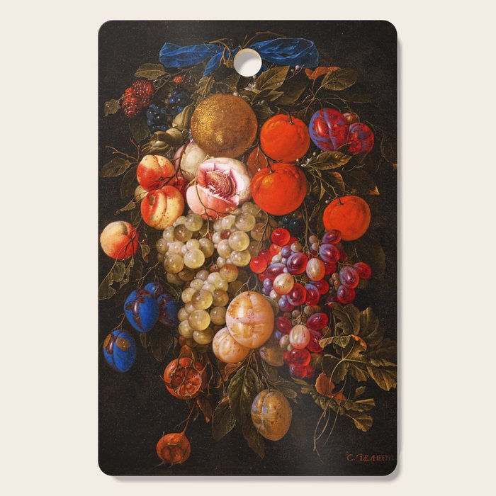 A festoon of fruit hanging from a blue ribbon 1670 still life portrait painting by Cornelis de Heem Cutting Board Gallery Image 1