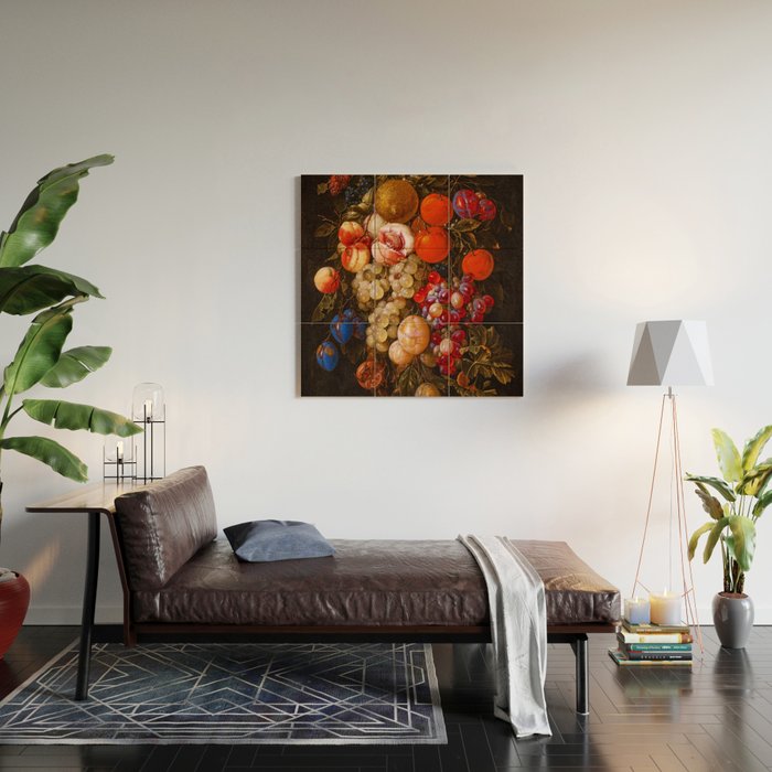 A festoon of fruit hanging from a blue ribbon 1670 still life portrait painting by Cornelis de Heem Wood Wall Art Gallery Image 2