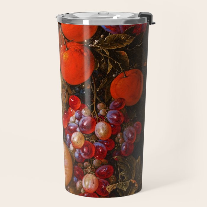 A festoon of fruit hanging from a blue ribbon 1670 still life portrait painting by Cornelis de Heem Travel Mug Gallery Image 2