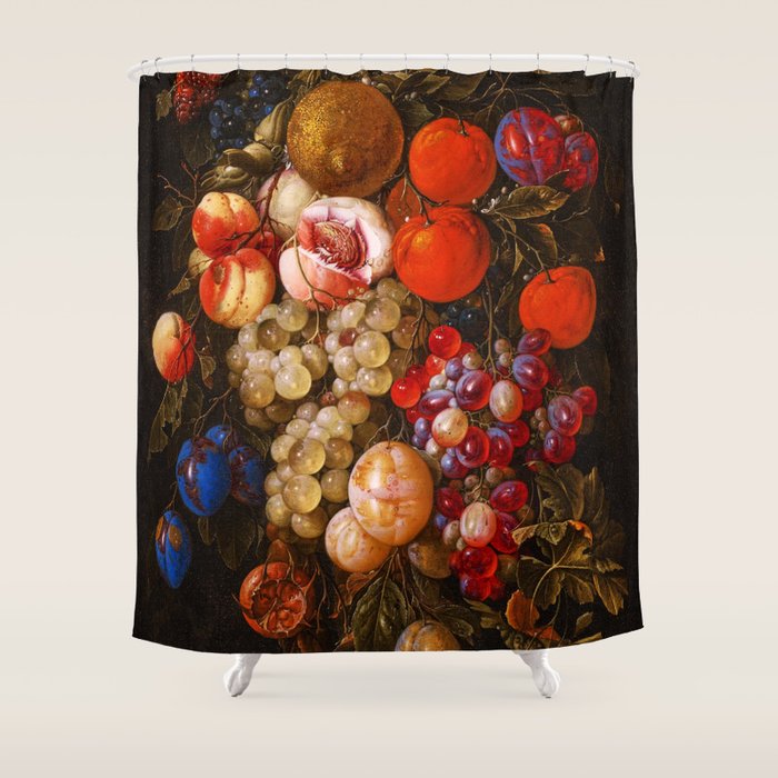 A festoon of fruit hanging from a blue ribbon 1670 still life portrait painting by Cornelis de Heem Shower Curtain Gallery Image 1