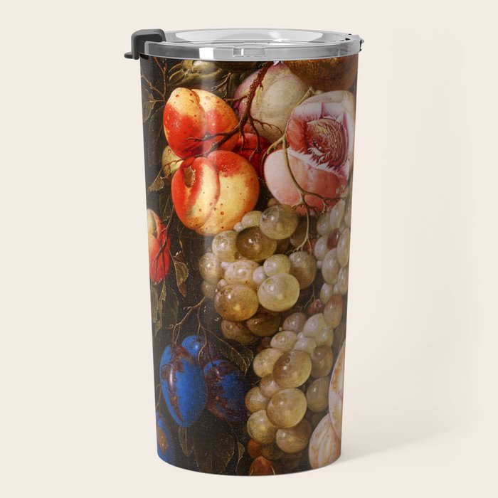 A festoon of fruit hanging from a blue ribbon 1670 still life portrait painting by Cornelis de Heem Travel Mug Gallery Image 3