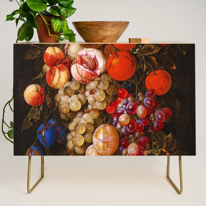 A festoon of fruit hanging from a blue ribbon 1670 still life portrait painting by Cornelis de Heem Credenza Gallery Image 1