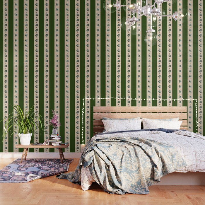 Green And Cream Stripes And Flowers Wallpaper Gallery Image 3