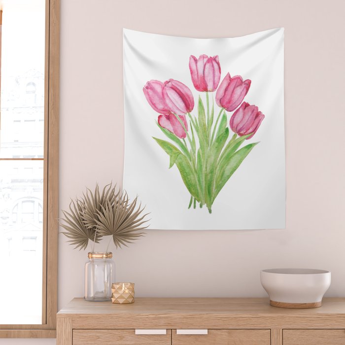 pink tulips watercolor Wall Tapestry Gallery Image 2