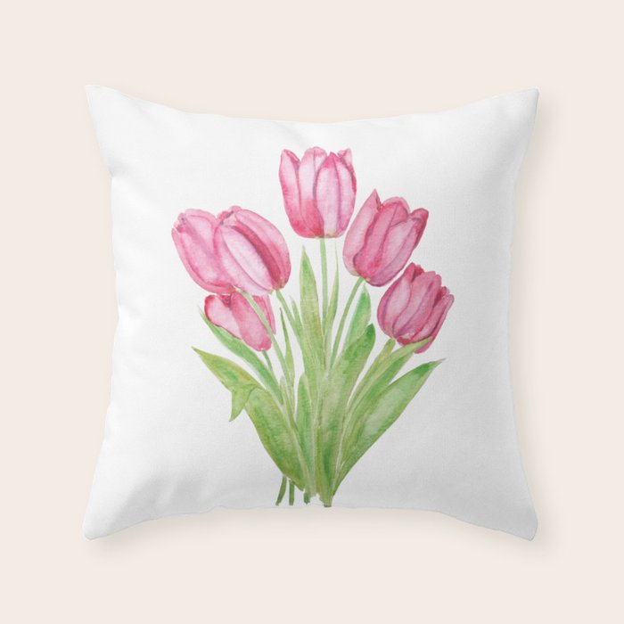 pink tulips watercolor Throw Pillow Gallery Image 6
