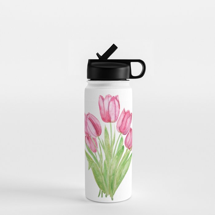 pink tulips watercolor Water Bottle Gallery Image 1