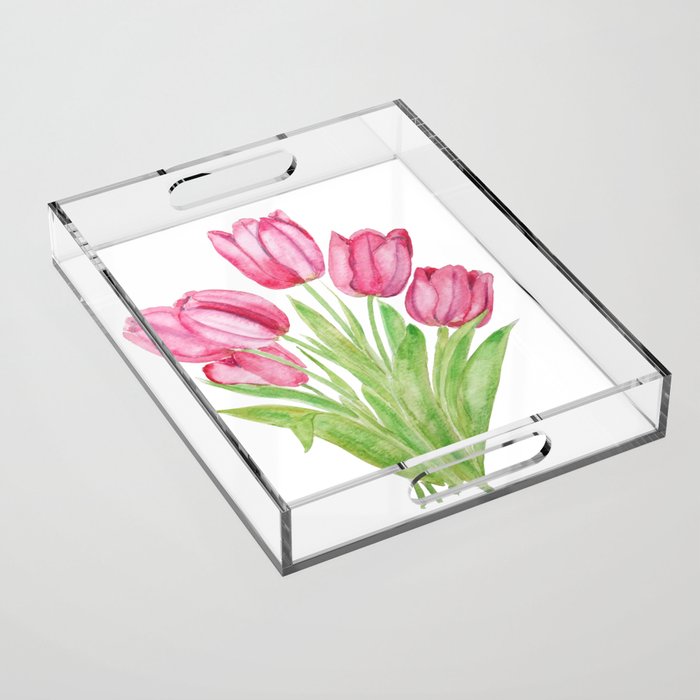 pink tulips watercolor Acrylic Tray Gallery Image 1