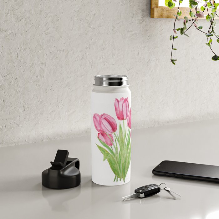 pink tulips watercolor Water Bottle Gallery Image 4