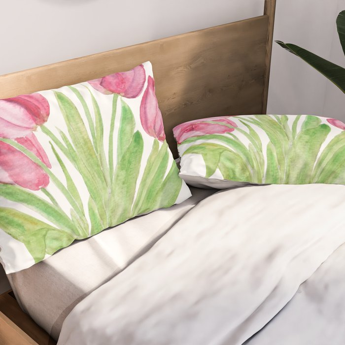 pink tulips watercolor Pillow Sham Gallery Image 2