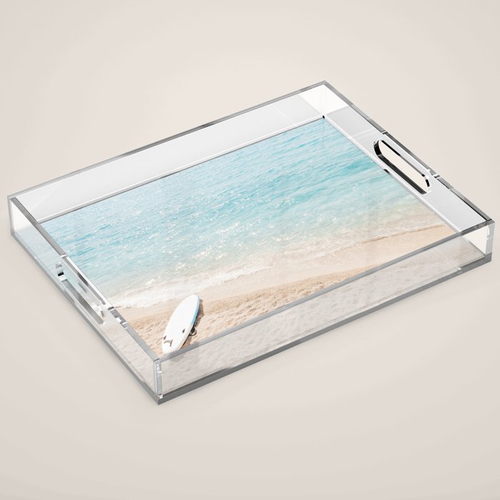 Aerial Surfers Beach Print, Surf Beach Photography, Surfboard Minimal Aerial Photography, Blue Ocean Print, Beach Print, Minimalism Beach Print, Beach Art, Home Decor Acrylic Tray Gallery Image 1