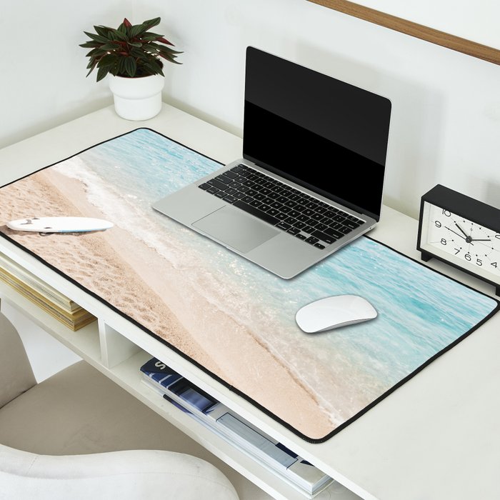Aerial Surfers Beach Print, Surf Beach Photography, Surfboard Minimal Aerial Photography, Blue Ocean Print, Beach Print, Minimalism Beach Print, Beach Art, Home Decor Desk Mat Gallery Image 2