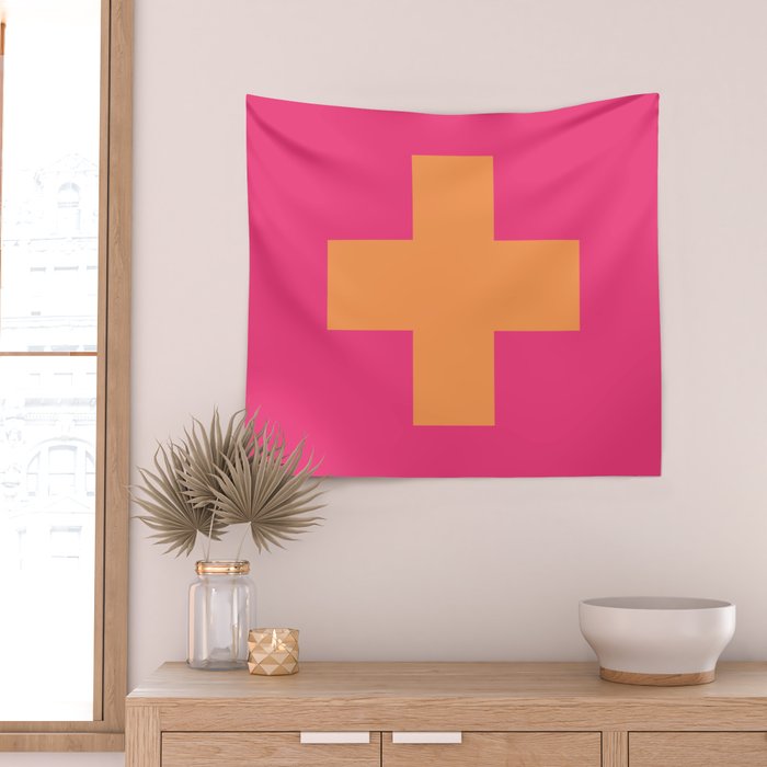 Swiss Cross Symbol in Pink and Orange Wall Tapestry Gallery Image 2