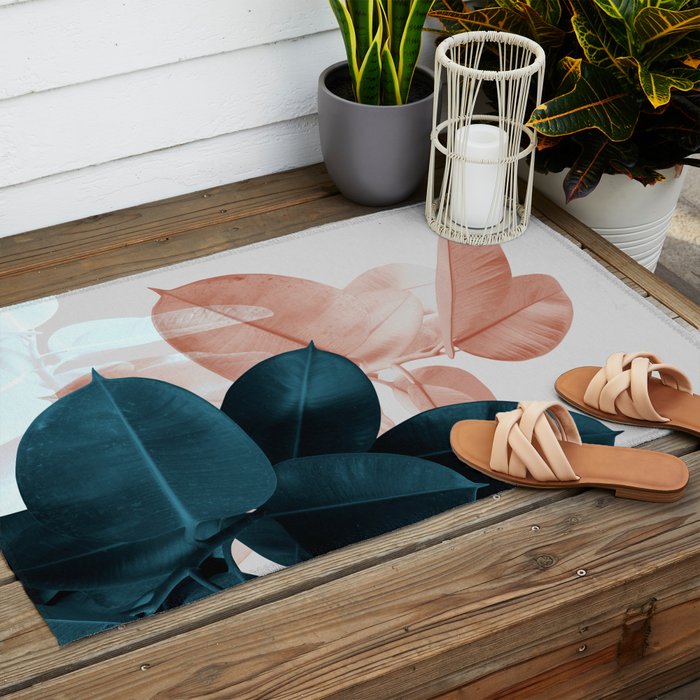 Blush & Blue Leaves Outdoor Rug Gallery Image 2