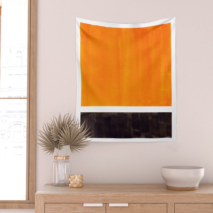 Minimalist Mid Century Modern Color Block Pop Art Rothko Inspired Golden Yellow Black Squares Wall Tapestry Gallery Image 2