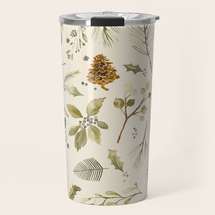 Christmas holiday botanical Pinecones and Holly Ecru Gold Travel Mug Gallery Image 1