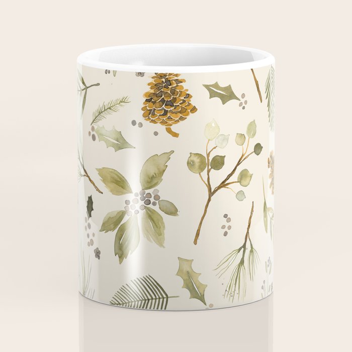 Christmas holiday botanical Pinecones and Holly Ecru Gold Coffee Mug Gallery Image 4