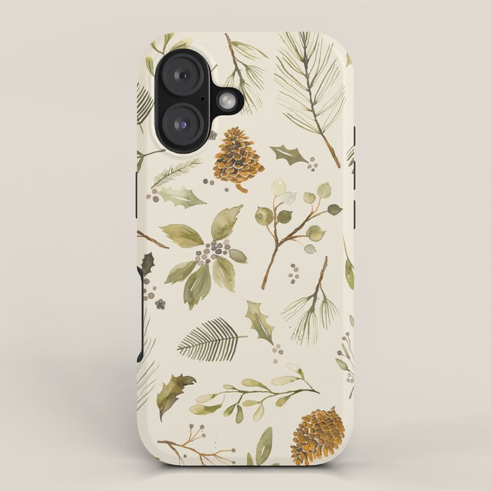 Christmas holiday botanical Pinecones and Holly Ecru Gold iPhone Case Gallery Image 1