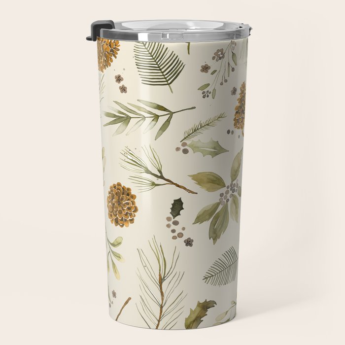 Christmas holiday botanical Pinecones and Holly Ecru Gold Travel Mug Gallery Image 3