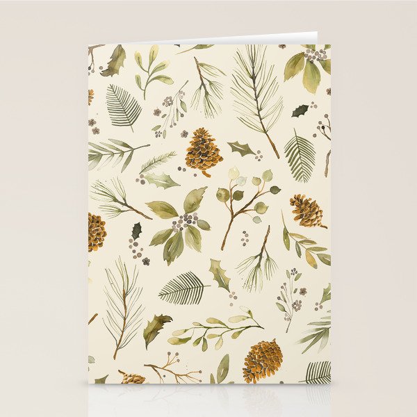 Christmas holiday botanical Pinecones and Holly Ecru Gold Stationery Card Gallery Image 1