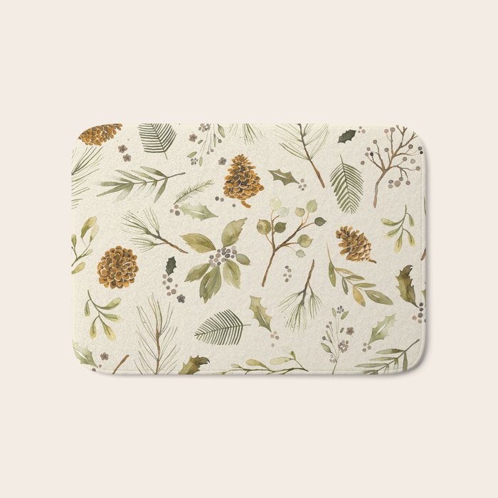 Christmas holiday botanical Pinecones and Holly Ecru Gold Bath Mat Gallery Image 1