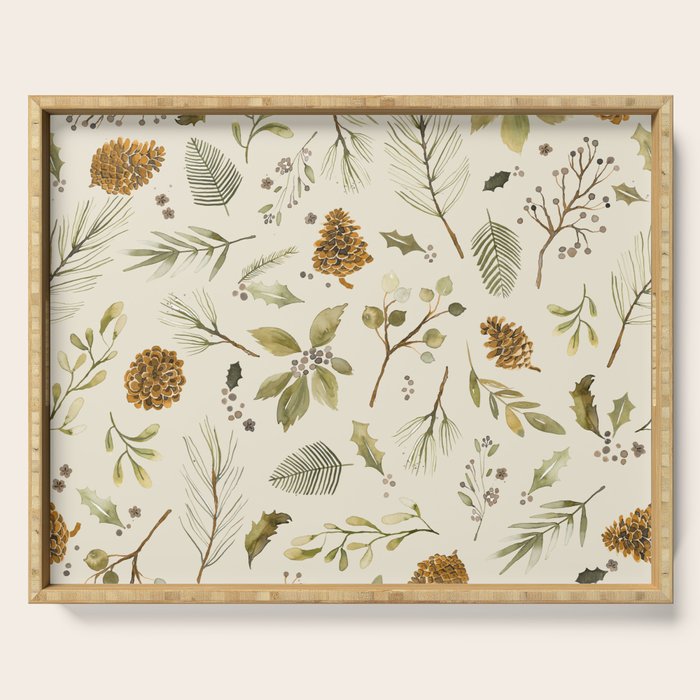Christmas holiday botanical Pinecones and Holly Ecru Gold Serving Tray Gallery Image 1