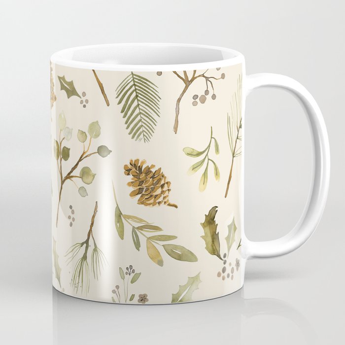 Christmas holiday botanical Pinecones and Holly Ecru Gold Coffee Mug Gallery Image 1