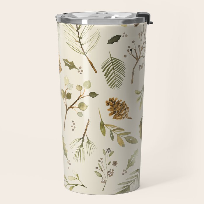 Christmas holiday botanical Pinecones and Holly Ecru Gold Travel Mug Gallery Image 2
