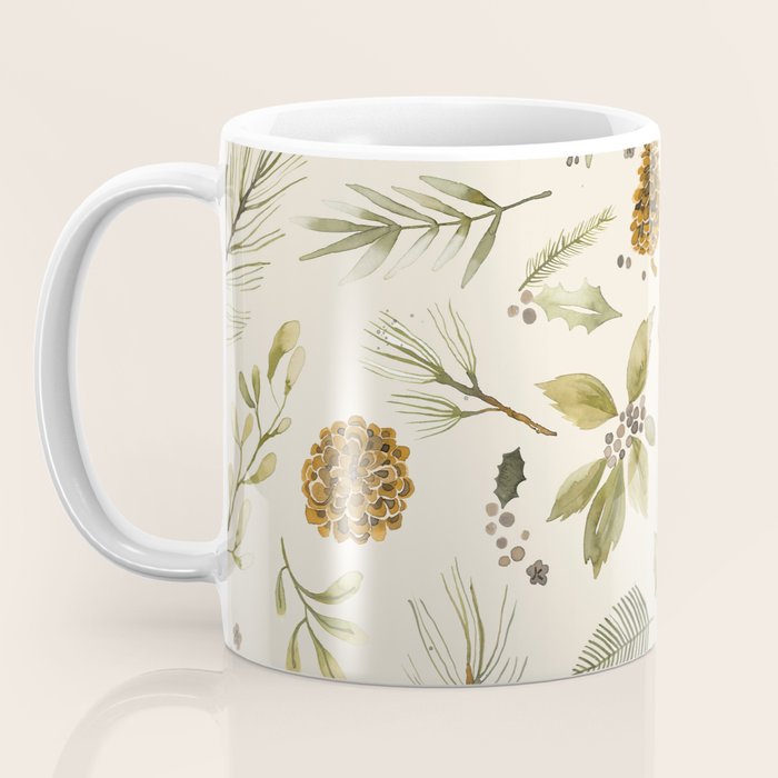 Christmas holiday botanical Pinecones and Holly Ecru Gold Coffee Mug Gallery Image 3