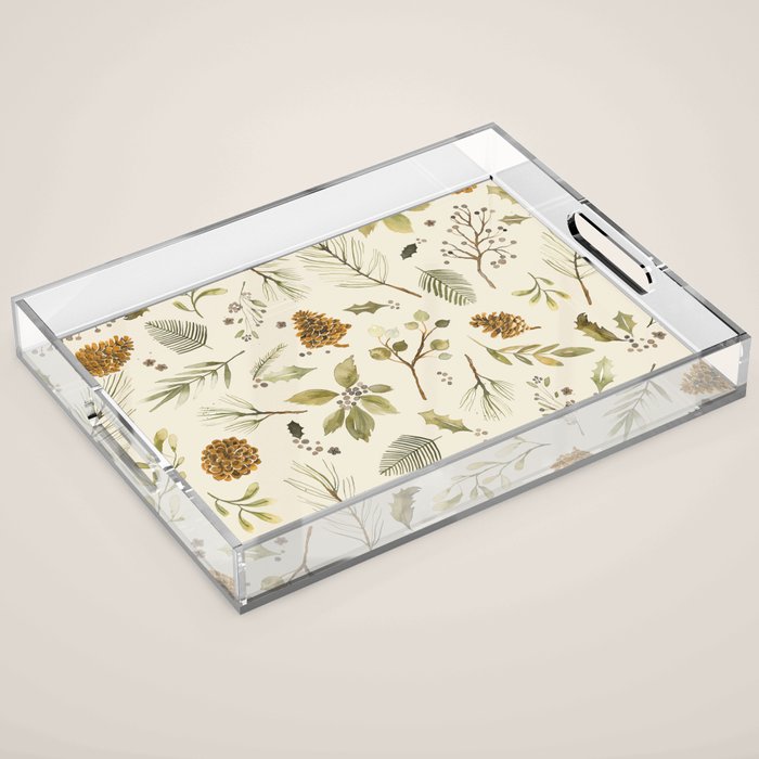 Christmas holiday botanical Pinecones and Holly Ecru Gold Acrylic Tray Gallery Image 1