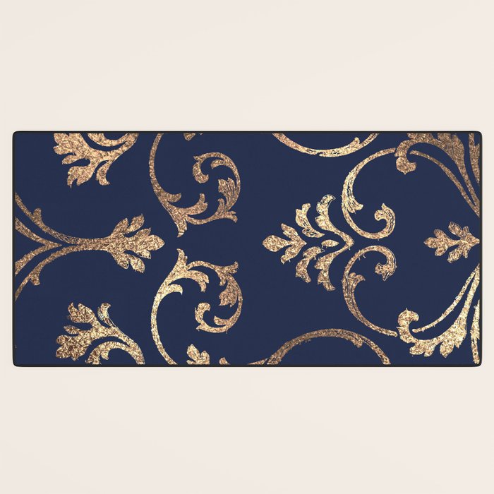Elegant navy blue gold glitter floral damask Desk Mat Gallery Image 3