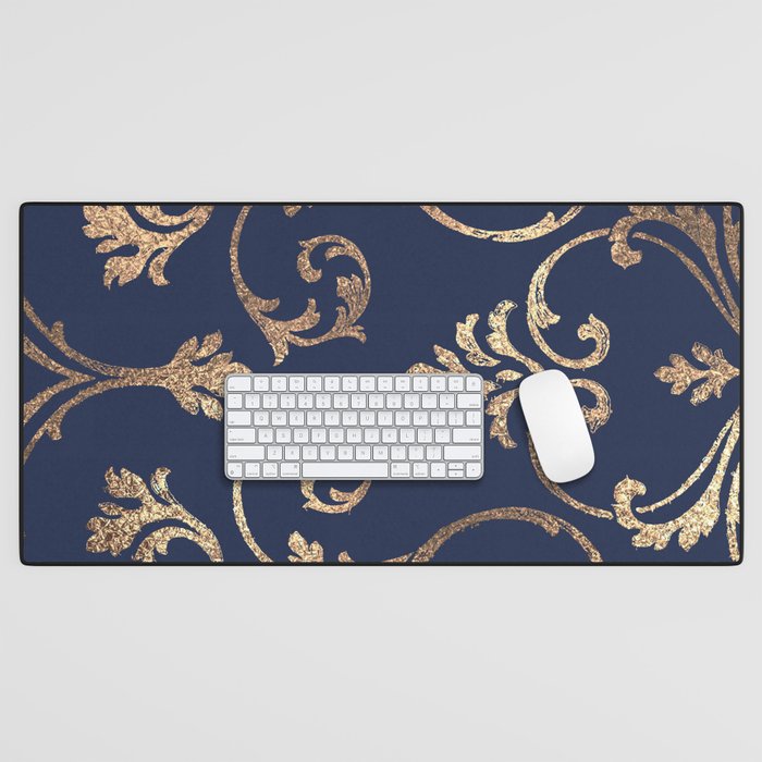 Elegant navy blue gold glitter floral damask Desk Mat Gallery Image 1