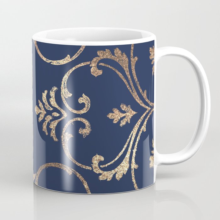 Elegant navy blue gold glitter floral damask Coffee Mug Gallery Image 1
