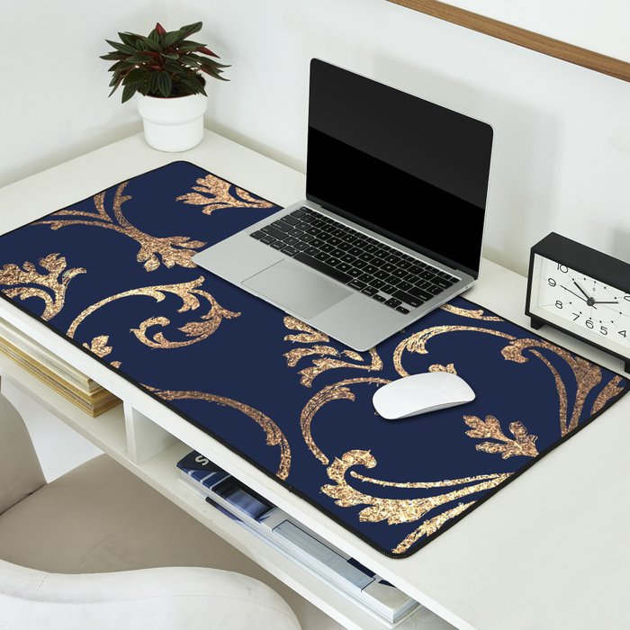 Elegant navy blue gold glitter floral damask Desk Mat Gallery Image 2