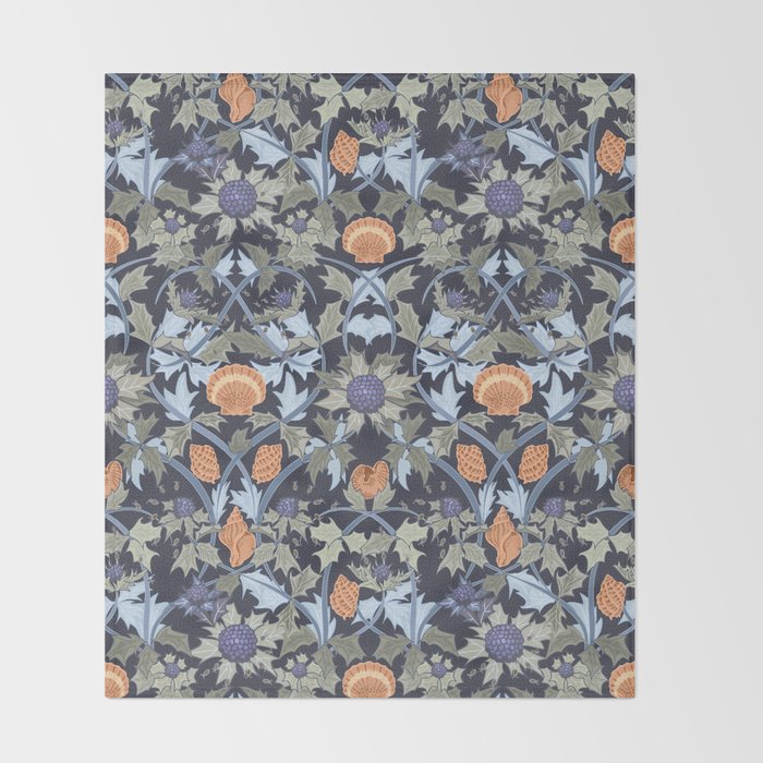 Beach thistle and shells dark navy Throw Blanket Gallery Image 2