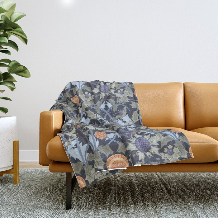 Beach thistle and shells dark navy Throw Blanket Gallery Image 1