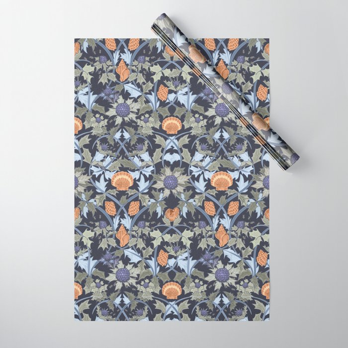 Beach thistle and shells dark navy Wrapping Paper Gallery Image 1