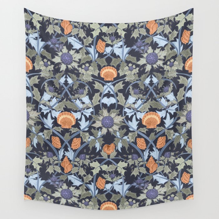 Beach thistle and shells dark navy Wall Tapestry Gallery Image 1