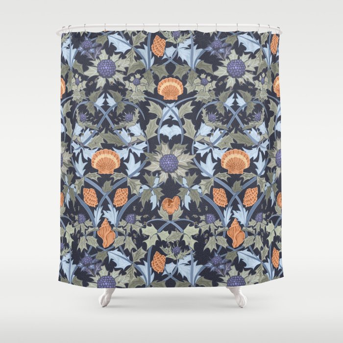 Beach thistle and shells dark navy Shower Curtain Gallery Image 1